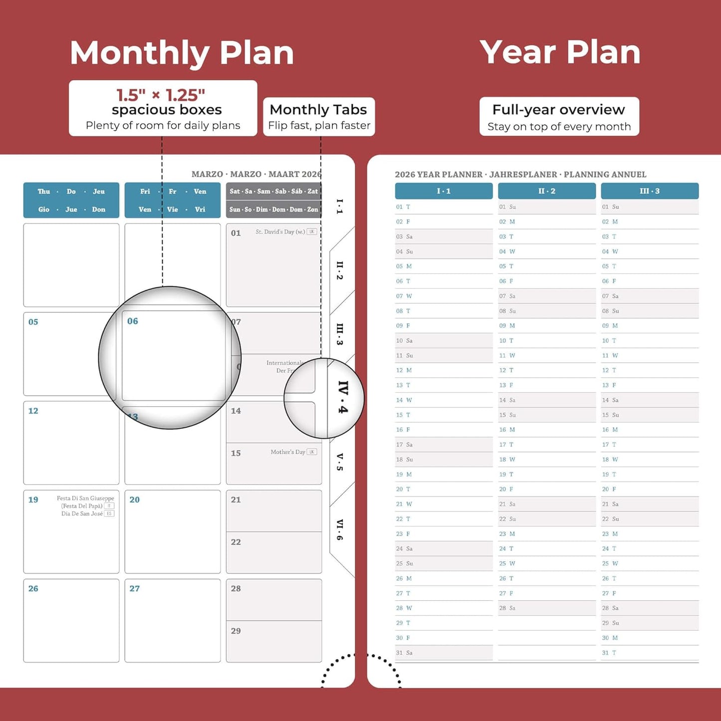 Daily Planner 2026 with One Page Per Day,(A5-8.5" x 5.9"),12 Months Calendar Hourly Appointment Book Monthly Tabs & Self-adhesive Pen Holder,Inner Pocket, Vegan Leather Hardback,Red