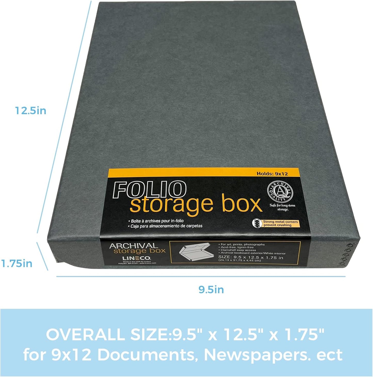 Lineco, 9x12 Gray Clamshell Archival Folio Storage Box, 1.75 Depth, Acid-Free, with Metal Edge, Preserves Picture Longevity, Store Photos Documents