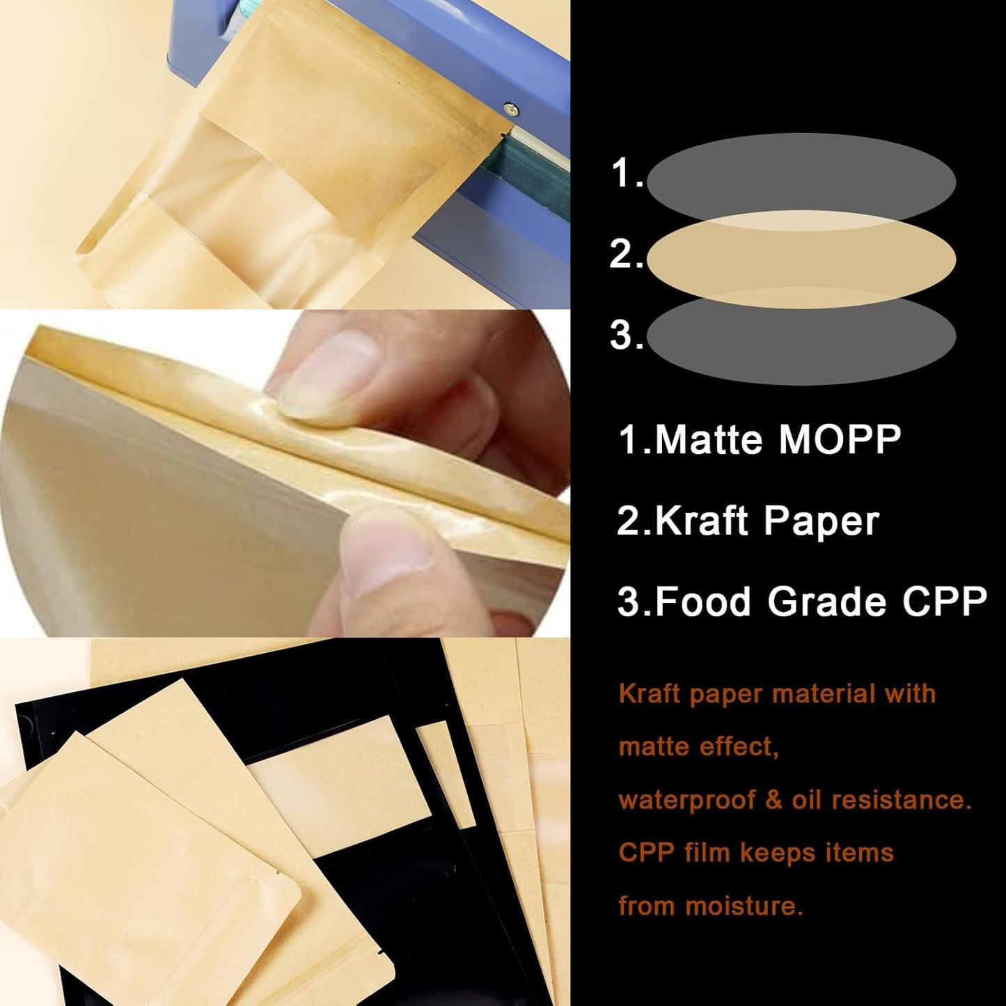 100 PCS Resealable Bags, Stand Up Kraft Paper Bags with Matte Window, Zipper Lock Food Storage Bags for Small Business and Home, 4.72 * 7.87 Inch Reusable Sealable Bags for Packaging -Black