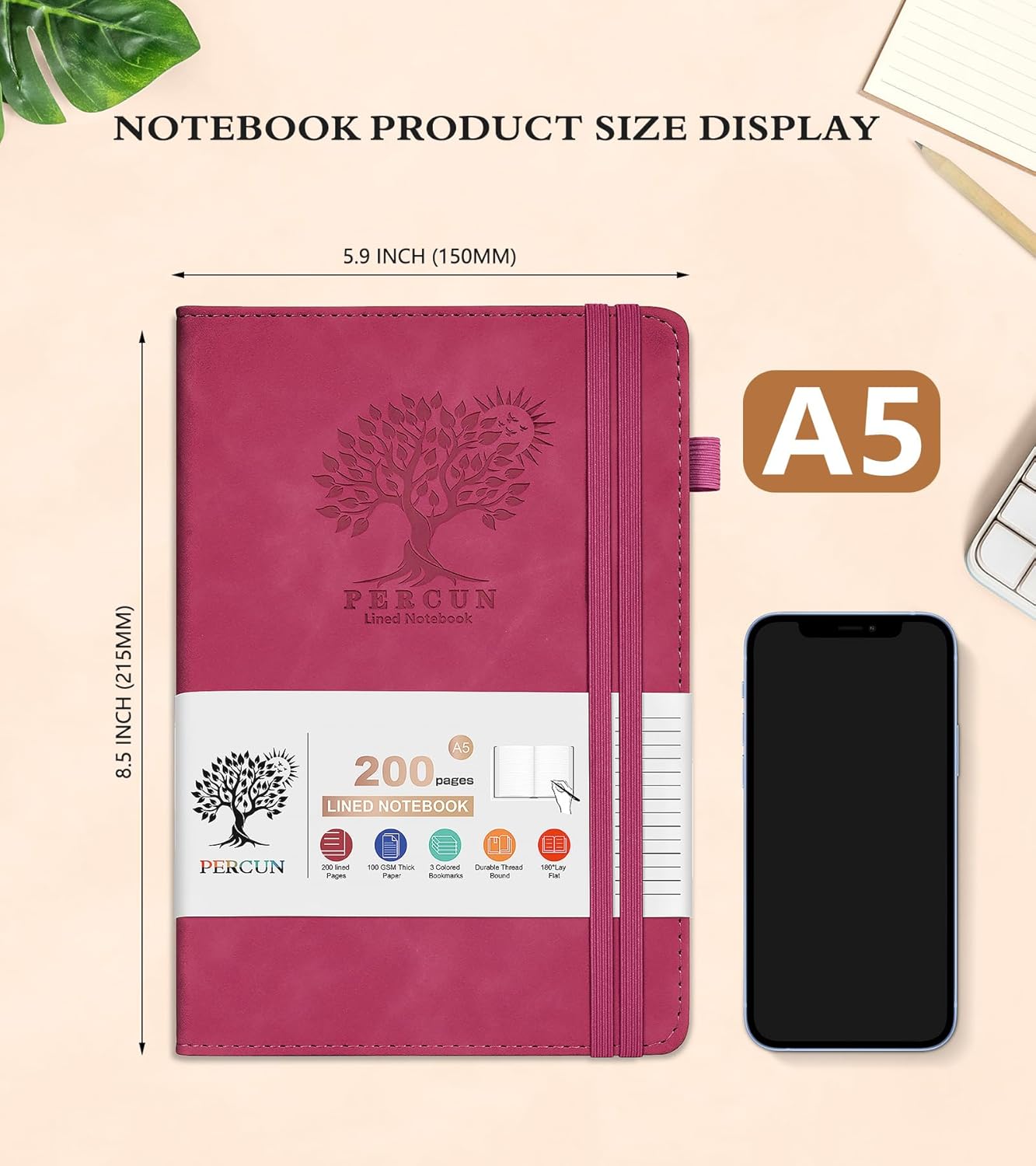 Lined Journal Notebook for Men & Women,200 Pages A5 Hardcover Leather Notebook (5.9"x8.5"), Travel Journal for Work, School, Business Writing, Note Taking, Notepad Diary (Burgundy)