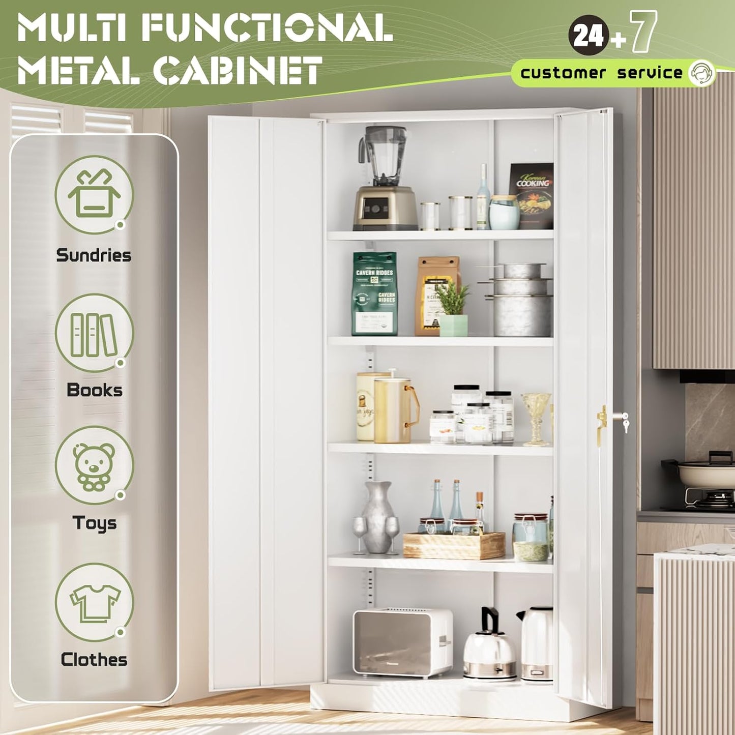 SUNCROWN 72" Metal Storage Cabinet - Heavy-Duty Metal Garage Cabinet with 4 Adjustable Shelves & 2 Doors for Tools, Office, Home, Workshop,White-Small