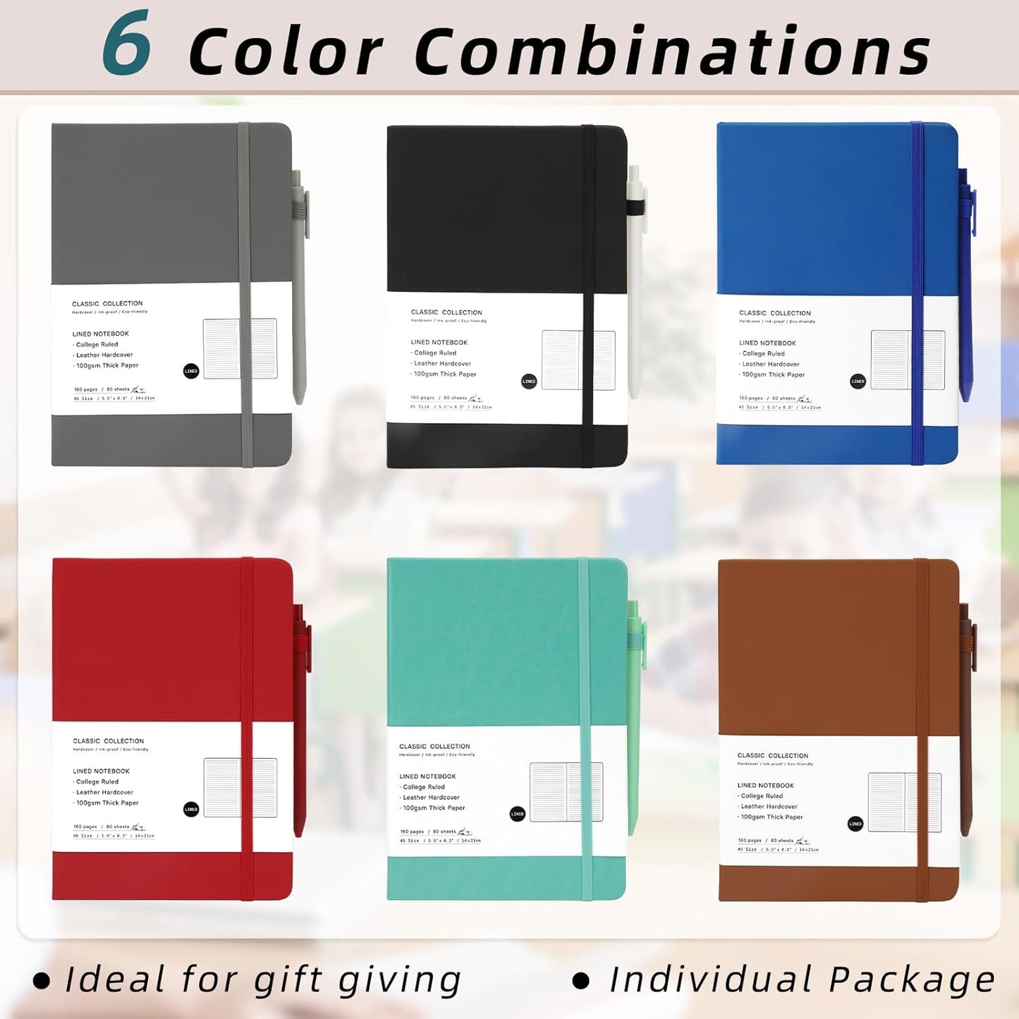 Coopay 6 Pack A5 Journal Notebook with 6 Pens Bulk Classic Ruled Hardcover Leather Journal Set with Pen Holder for Men Women Writing, Office, Home, School, College, Business, 8.3” x 5.5” (6 Colors)