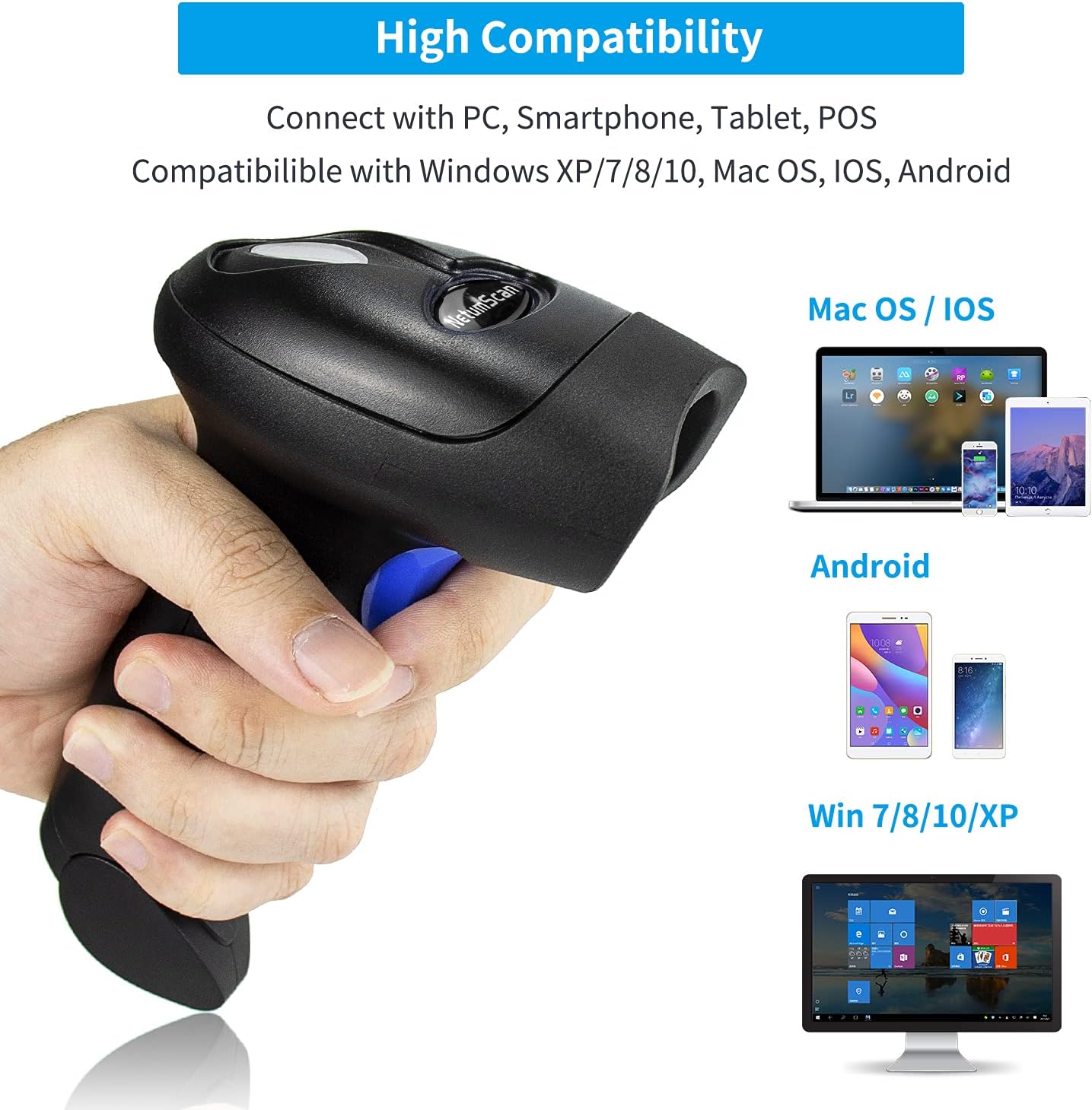 NetumScan Bluetooth QR Barcode Scanner with Stand, 3 in 1 Wireless 1D 2D Bar Code Scanner USB Image Bar Code Reader for Computer, Tablet, iPhone, iPad, Android