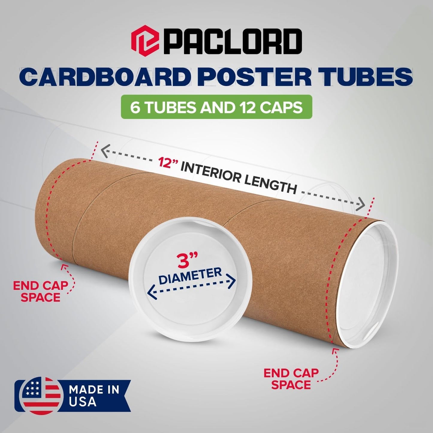 3" x 12" Reinforced Kraft Paper Mailing Tubes, Pack of 6 Tubes with 2 Caps Each – USPS Approved Poster Tube – Made in USA Cardboard Tube for Shipping and Storing Posters, Prints, Artwork, or Documents