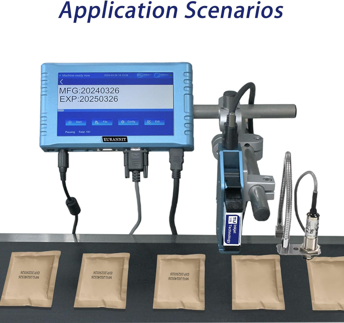 Automatic Inkjet Coding Machine for Production Line, 260E TIJ Inkjet Printer with 7” Touchable Screen for Date/Batch/QRCode/Barcode/Logo etc (1 Nozzle / 0.5 in)