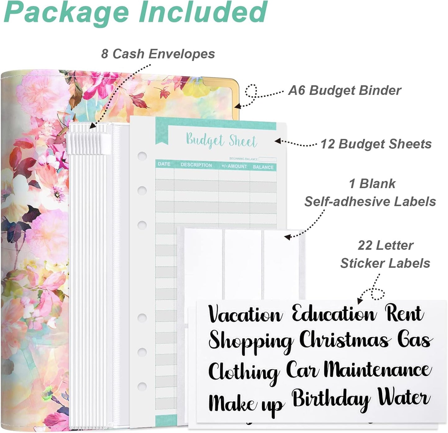 Rnivvi Budget Binder with Zipper Envelopes, A6 Money Saving Binder Cash Envelopes for Budgeting, PU Leather Planner Money Organizer for Cash Bills, Cute Floral System Wallet for Women, Pink Flower