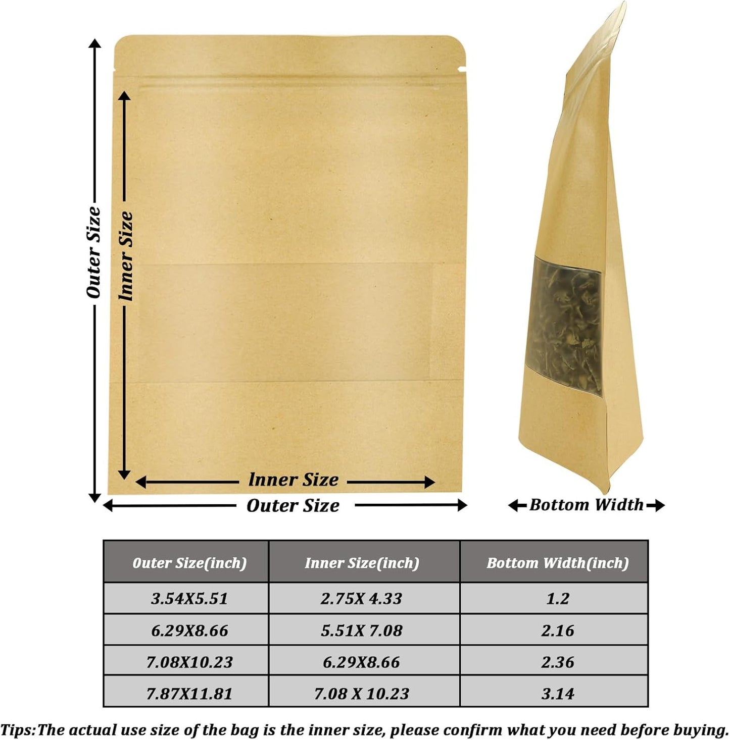 100 PCS Resealable Bags, Stand Up Kraft Paper Bags with Matte Window, Zipper Lock Food Storage Bags for Small Business and Home, 7.87 * 11.81 Inches Reusable Sealable Bags for Packaging
