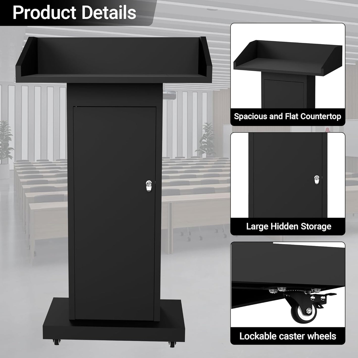 Tredre Podium Stand with Wheels for Lectern Presentation, Heavy-Duty Metal Pulpits for Offices, Classrooms, Conferences and Churches, Scratch-Resistant Surface, Hidden 2-Tier Storage, 46.5”H Black