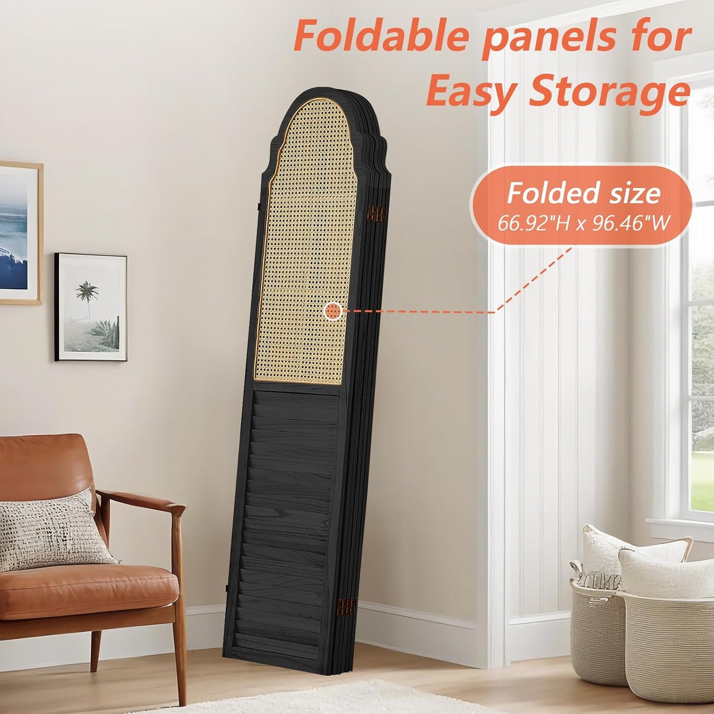 4 Panel Rattan Folding Screen Room Divider, Privacy Dividers for Rooms, Louvered Partition Dividers, Room Divider Panel for Bedroom, Dressing Room, Balcony, Black