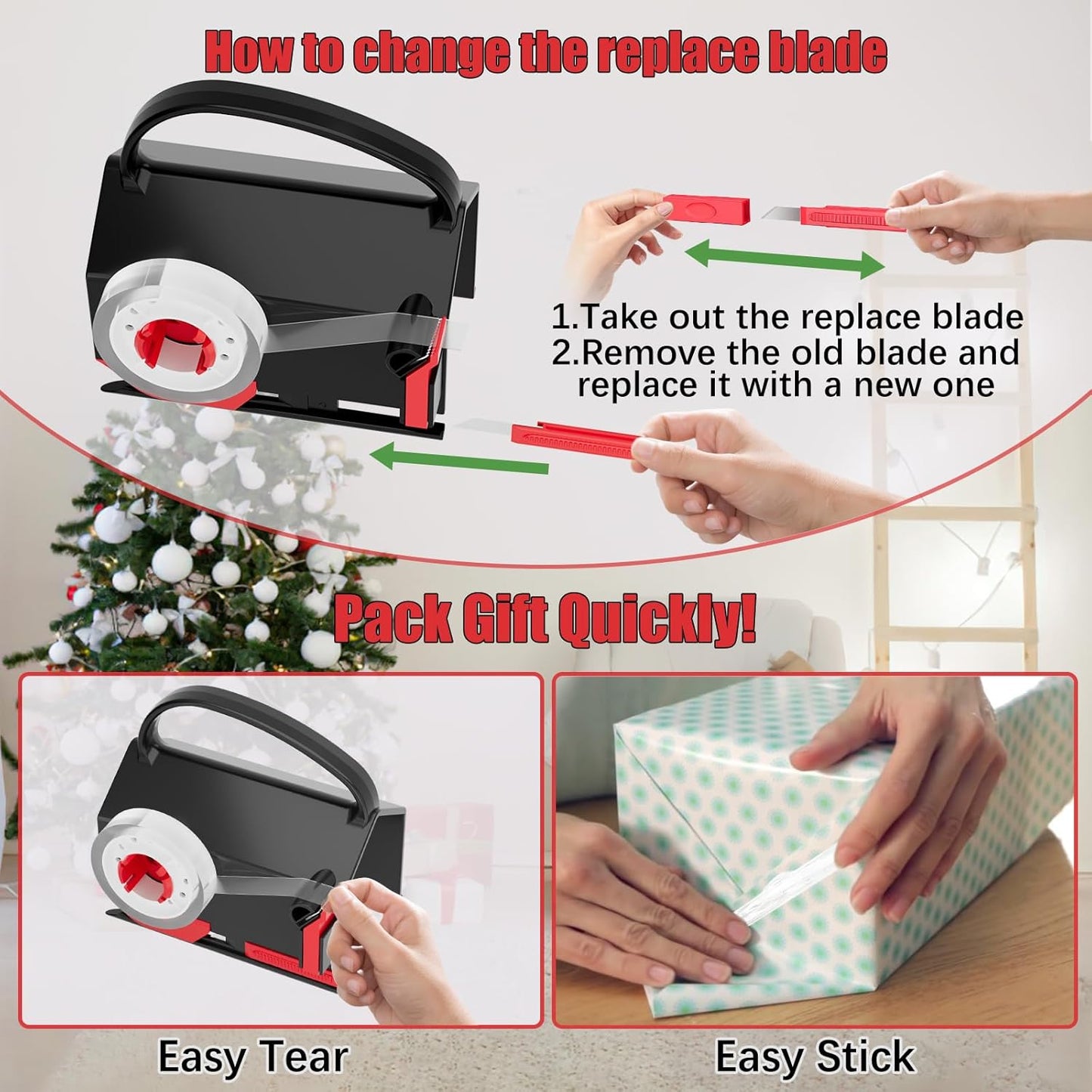 2-Pack Wrapping Paper Cutter & Tape Dispenser for Christmas Gift, Improve Gift Packaging Efficiency, Makes The Cutting line straighter, Cutting Tool with 4 Tapes，2 Replace Blades Kit, Red and Black