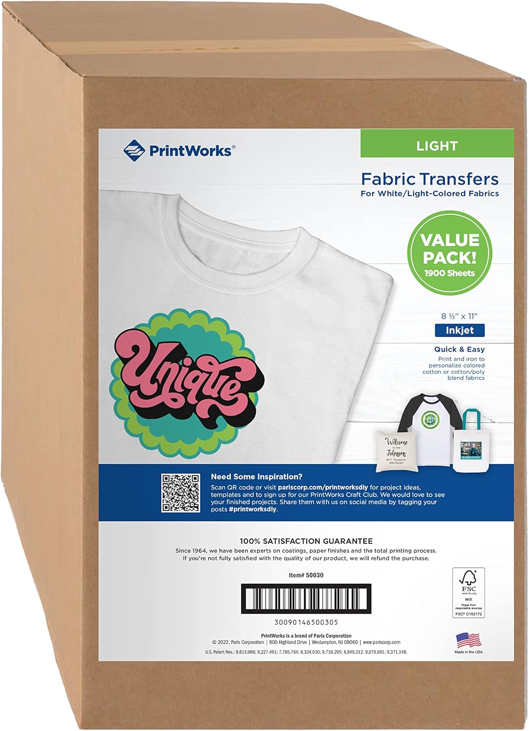 PrintWorks Iron on Heat Transfer Paper for Inkjet Printer - Printable Heat Transfer Vinyl for Light Fabric (Printable HTV) - 8.5" x 11" - 1900 Sheets - Made in The USA - Iron on Vinyl (50030)