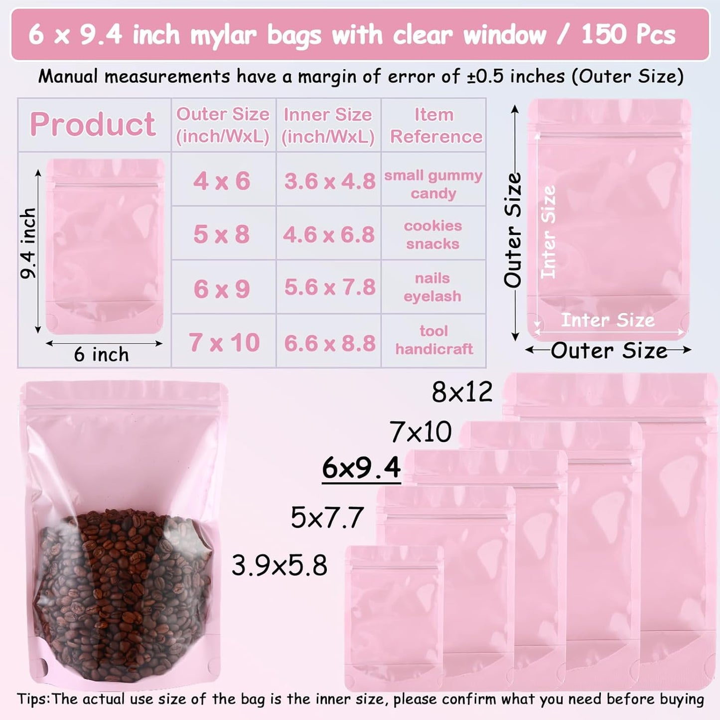 150 Pcs Mylar Bags for Food Storage, 6x9 Mylar Bag with Window Stand Up, Bulk Holographic Resealable Bags Smell Proof Bag Food Packaging for Small Business Freeze Dried Candy Jewelry Foil Packaging