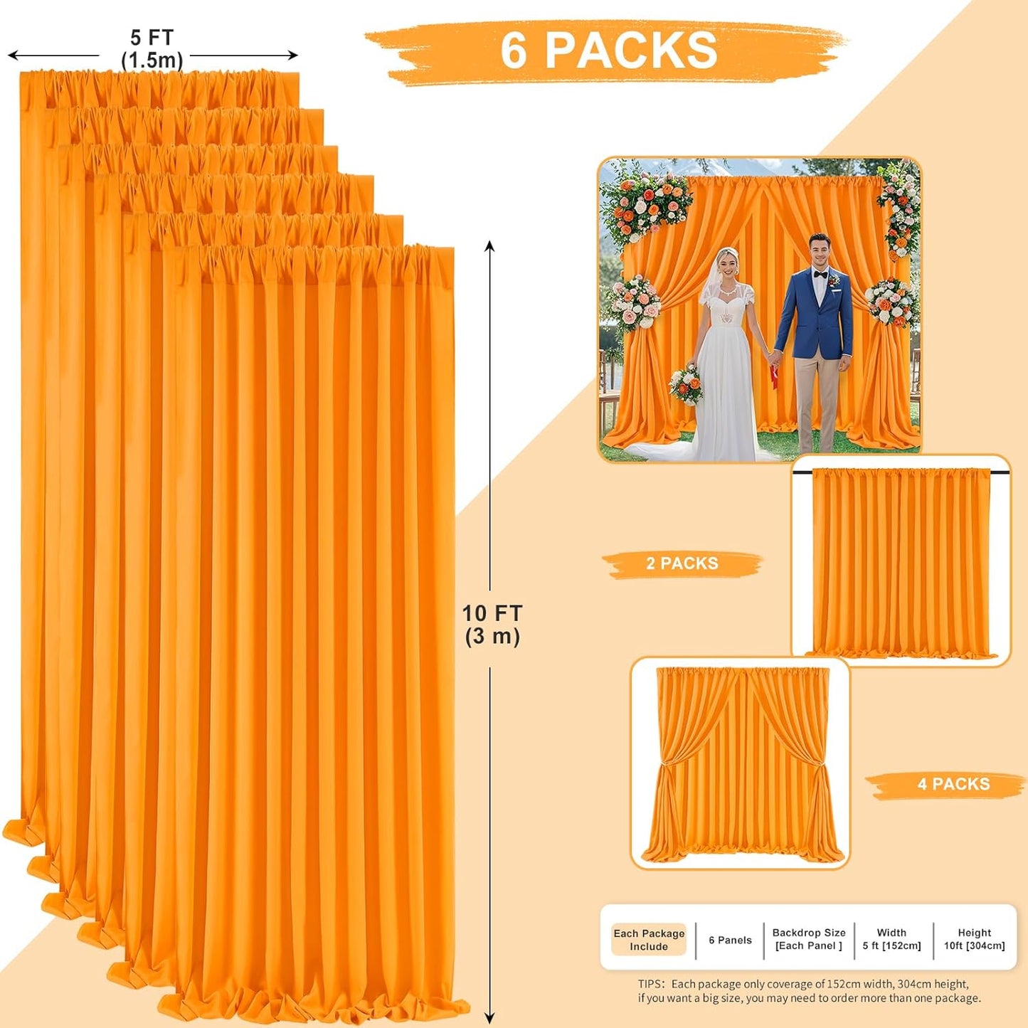 Orange Backdrop Curtains 6 Panels 5ft x 10ft Polyester Photo Backdrop Drapes for Birthday Party Stage Window Supplies Decorations