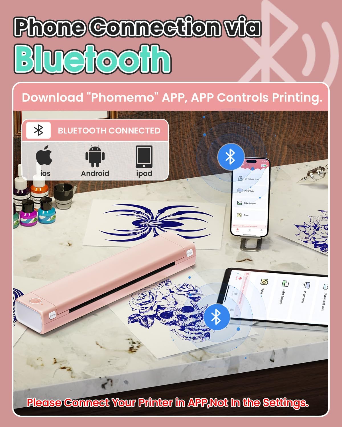 Phomemo Tattoo Stencil Printer, M08F Wireless Thermal Tattoo Printer with 10pcs Transfer Paper, Compatible with Phone/Tablet/PC, Tattoo Supplies for Tattoo Artists & Beginners, Pink﻿