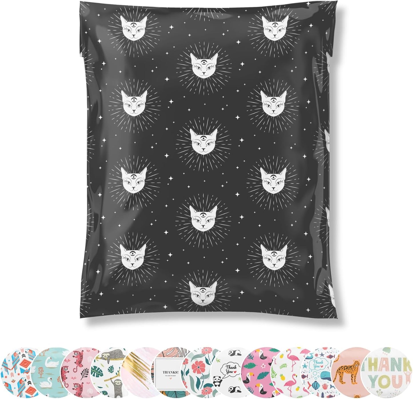 Poly Mailers 12.5x15 50 Pack | Self-Sealing Shipping Bags Envelopes for Small Business | Waterproof Durable Packaging | Cat | Black Stars Animal | à la mode Mailers