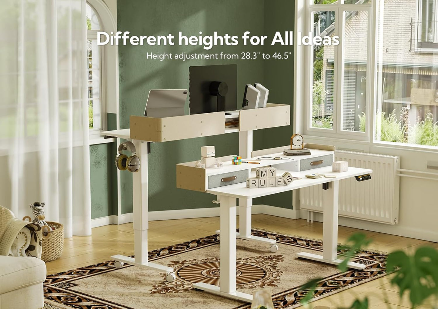Claiks Standing Desk with Drawers, Adjustable Stand Up Electric Standing Desk Adjustable Height with Storage Shelf and Splice Board, 59 Inch, White