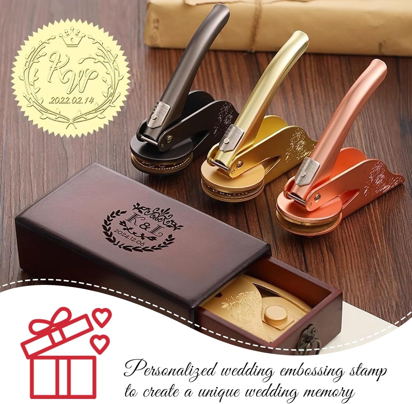 Personalized Wedding Embosser Stamp Custom - Handheld Monogram Embosser for Invitations, Envelopes, Napkins, Books, Initials & Names - Elegant Wedding Gift for Couples