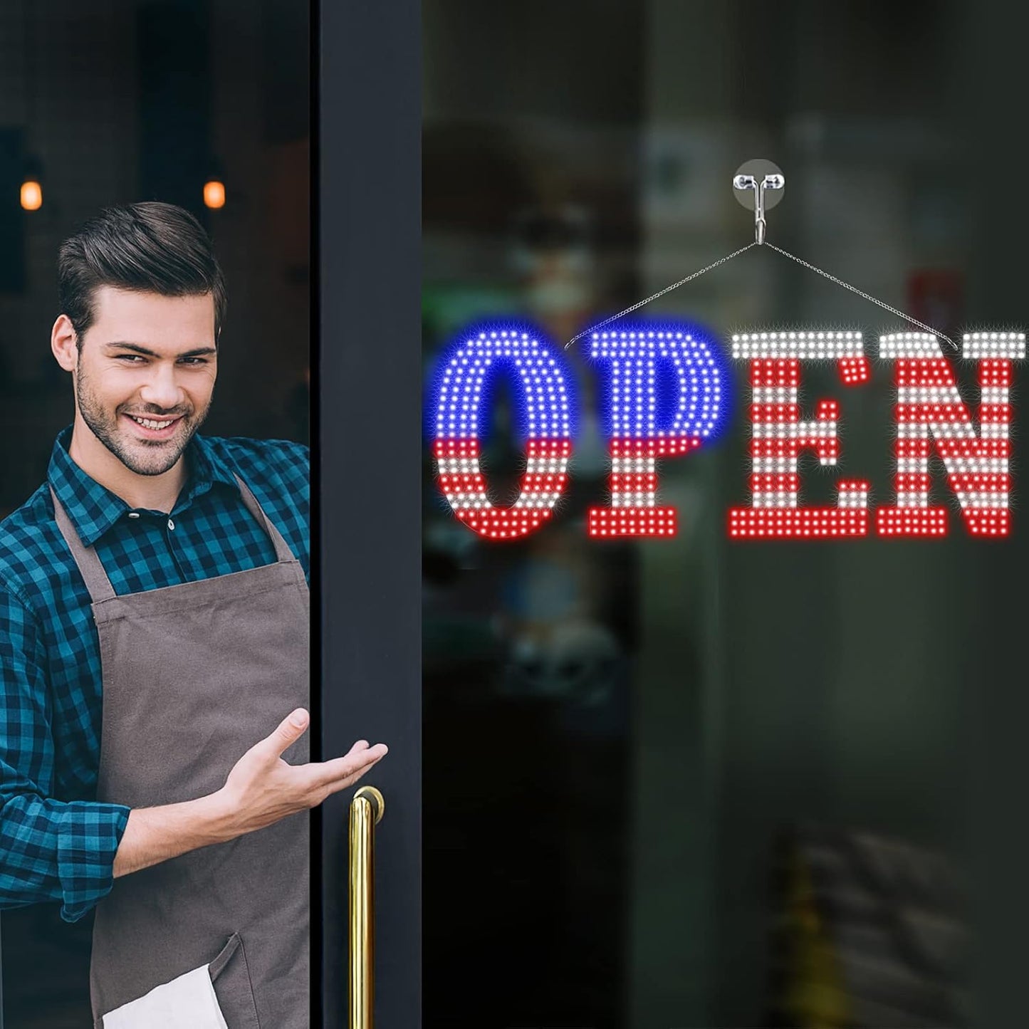 USA Flag 40"x14" Extra Large LED Open Signs for Business, Unique Design Super Bright Open Sign with Chain, High Visibility Open Sign for Store Bar Hotel Retail Shop Window