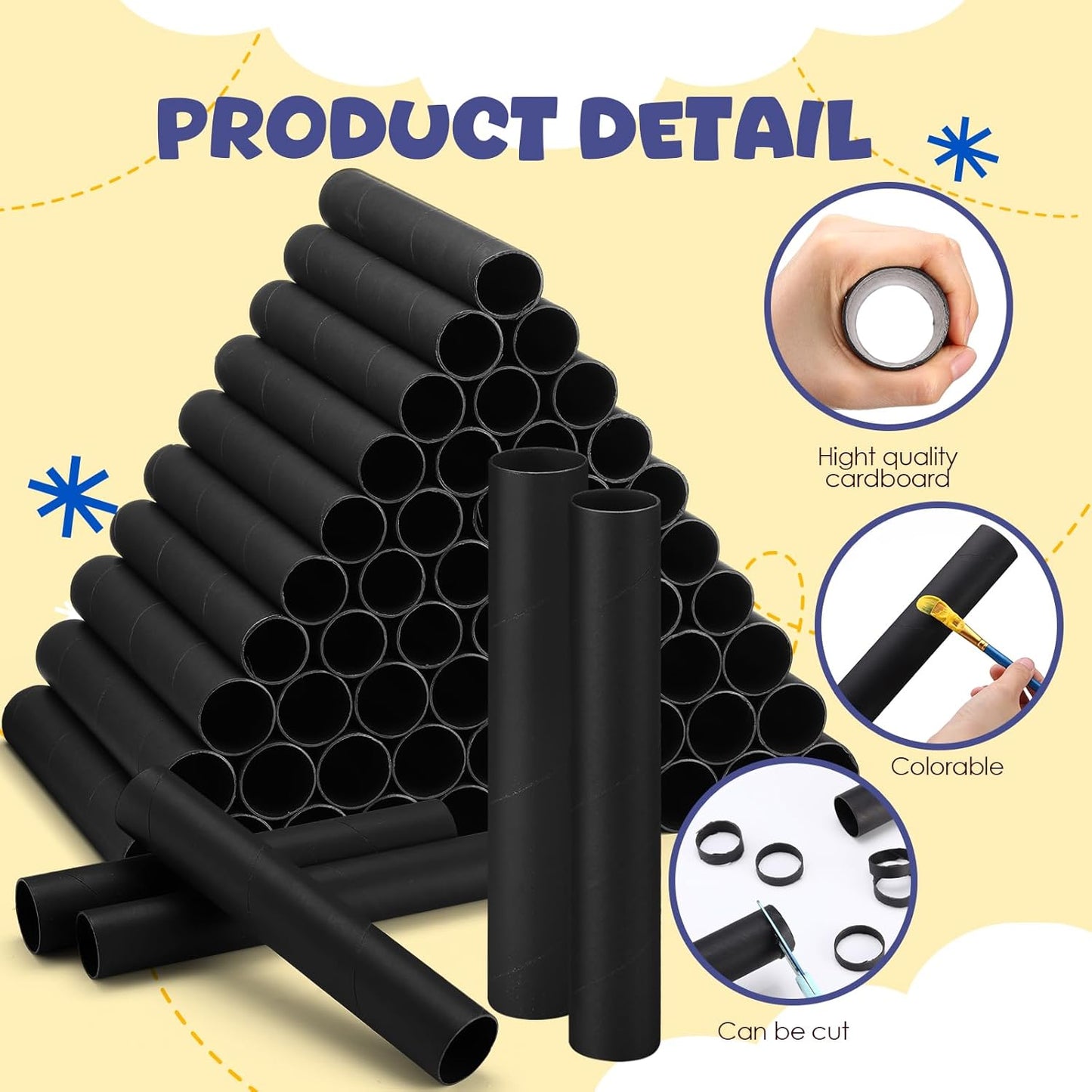 MotiMind 60 Pcs Cardboard Tubes for Craft 2 Size Empty Paper Towel Rolls Cardboard Toilet Paper Tubes Bulk for Classroom DIY Projects(Black,1.4 x 10 Inch, 1.6 x 10 Inch)
