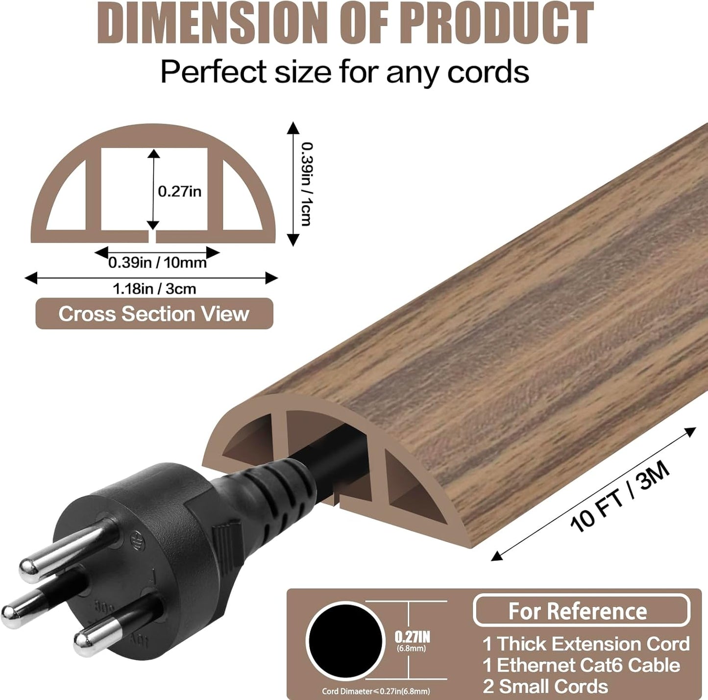 Floor Cord Cover Self Adhesive Cord Hider,10FT Cable Management, Extension Strip Protector for Wires, Prevent Cable Trips for Offices, Gyms, Exhibitions Cavity:0.39"(W) x0.27(H) Woodsmokedbrown