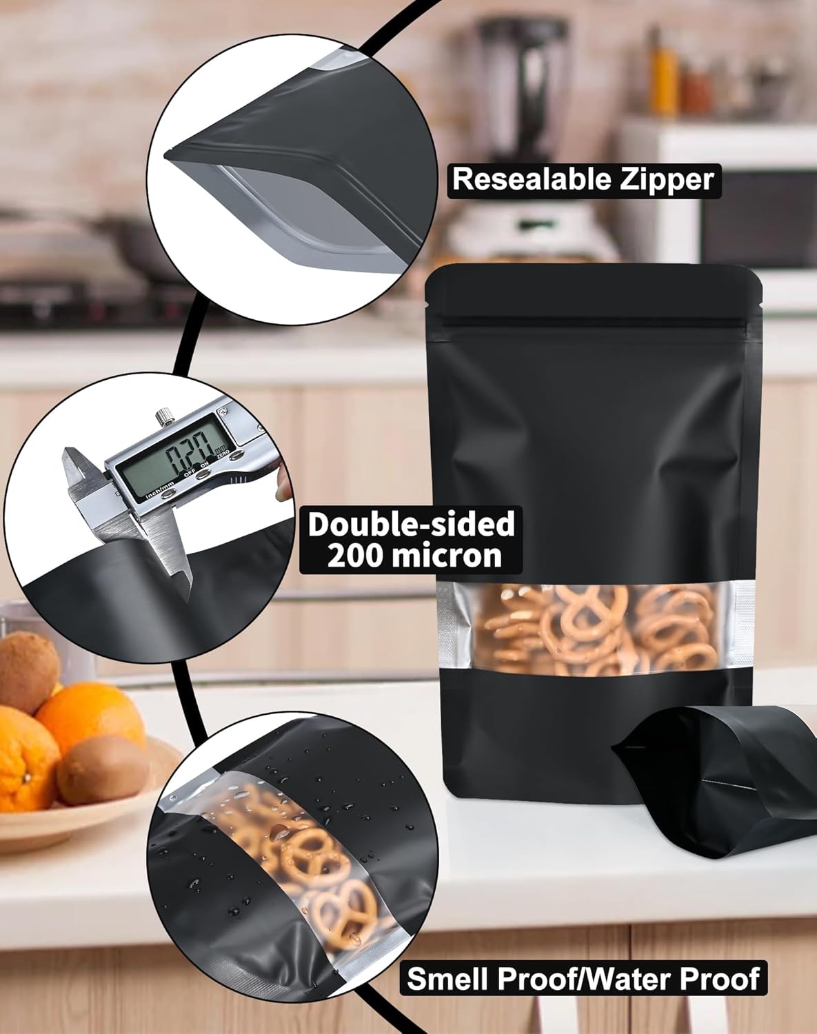 100 Pack Smell Proof Bags, Resealable Bags with Matte Window, Foil Pouch Stand Up Sealable Bags for Packaging（Black,3.5" x 5.1"）