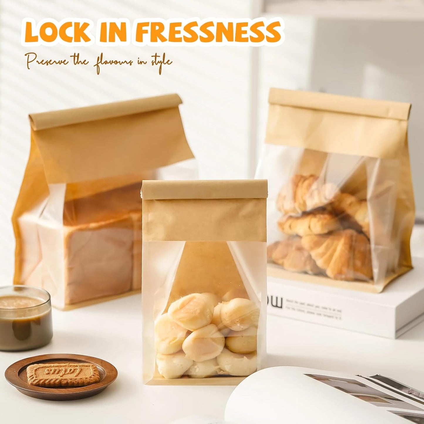 100 Pack Bread Bags for Homemade Sourdough Bread, 8.7x4.3x11 Inches Tin Tie Tab Lock Large Bakery Bag with Window Kraft Paper Loaf Packaging Bags for Gifting & Bake Sale