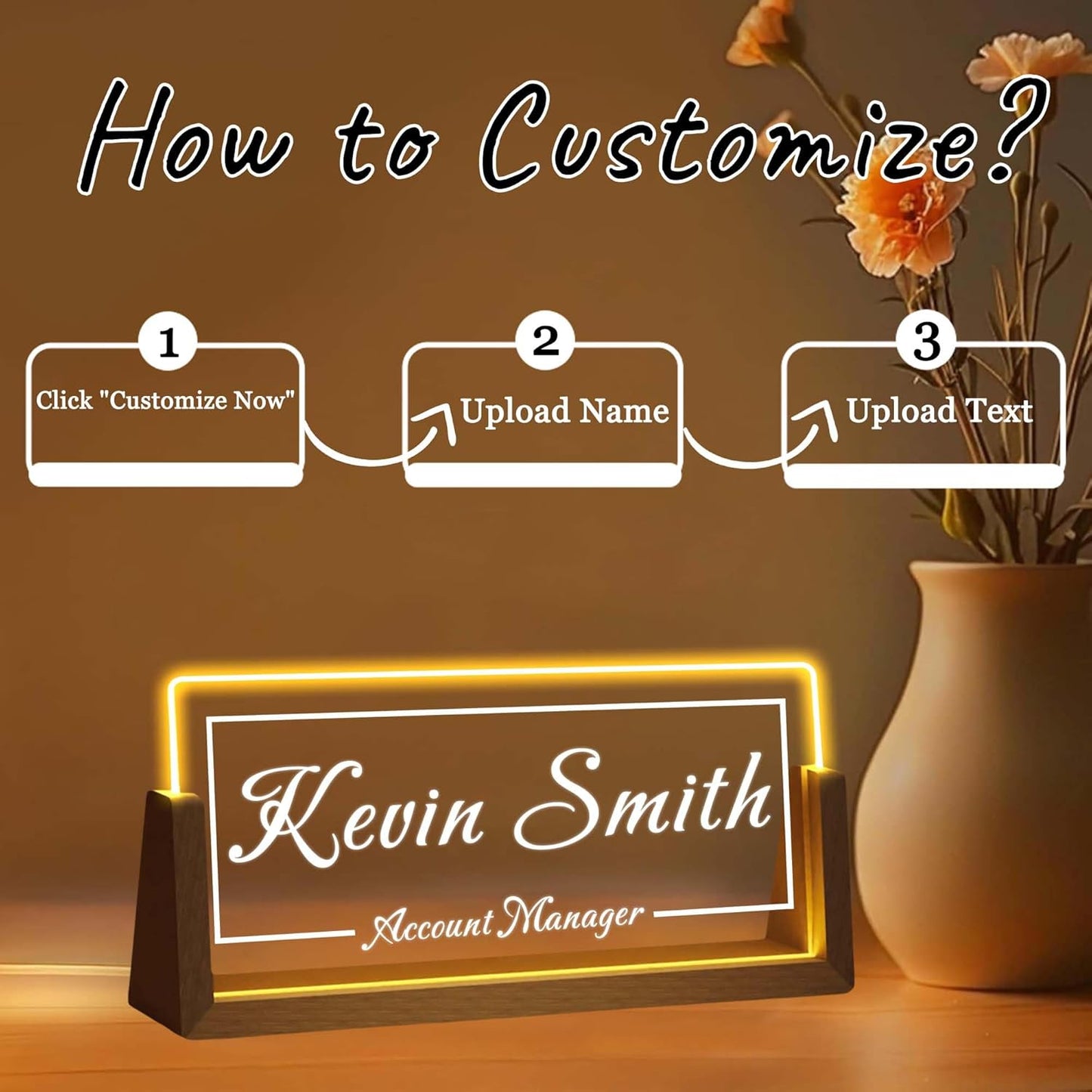 Personalized Desk Name Plate with LED Light & Wooden Base, Custom Acrylic Name Sign | Custom Office Decor & Appreciation Gifts for Boss Coworkers, New Job Promotion Gift (Style 2)