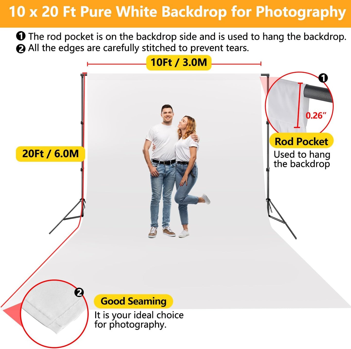 White Backdrop for Photoshoot, 10x20 ft Large Photo Backdrop Curtain for Photography, Seamless Polyester Fabric Background Screen for Party, Video Studio