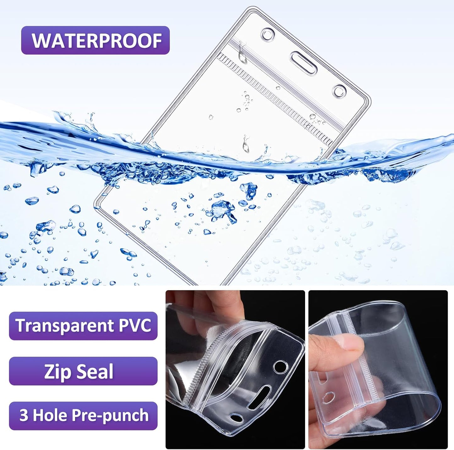 Marspark 100 Pcs Name Tag Lanyards with ID Holder Lanyards for ID Badges Resealable Flat Neck Name Tag with Clip Waterproof Plastic Clear Badges Bulk for School Office Supplies (Purple)