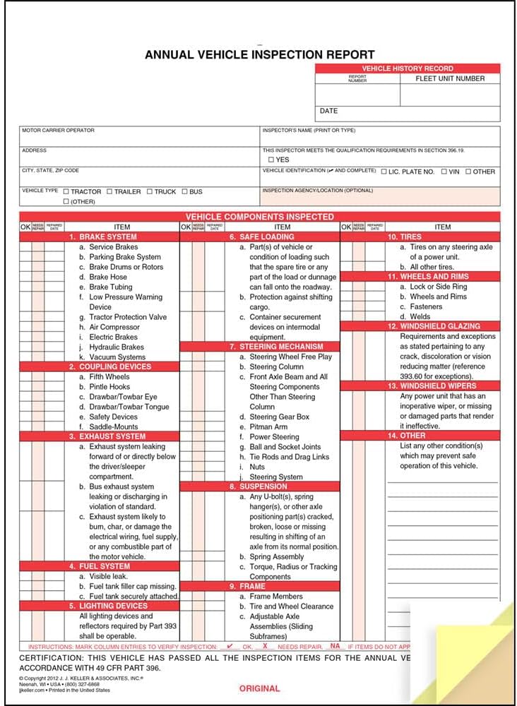 J. J. Keller Annual Vehicle Inspection Report Form 50-pk. - Snap-Out Format, 3-Ply, Carbonless, 8.5" x 11.75" - Meet DOT AVIR Requirements Under 49 CFR 396.21