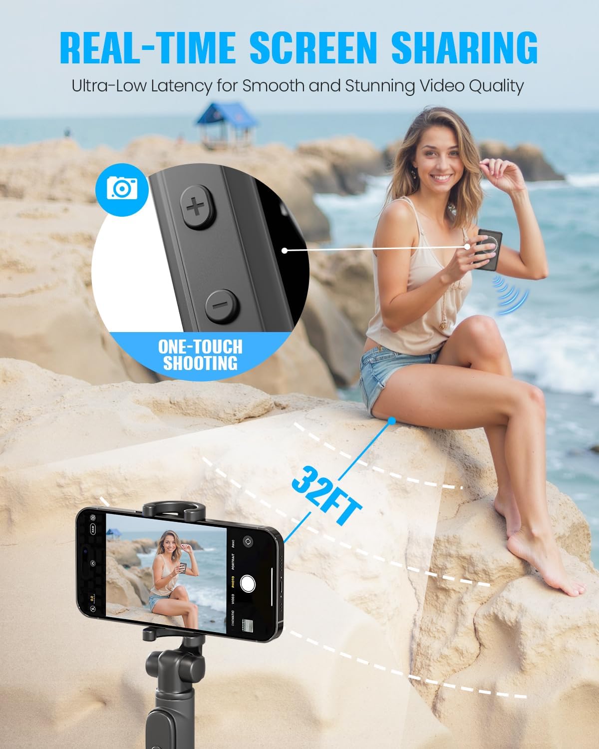 Vlog Selfie Monitor Screen, Magnetic Phone Selfie Screen 4K/1080p 60fps Bluetooth Remote, Back Camera Monitor Built-in Speaker for Vlog Live Stream TikTok (Black)