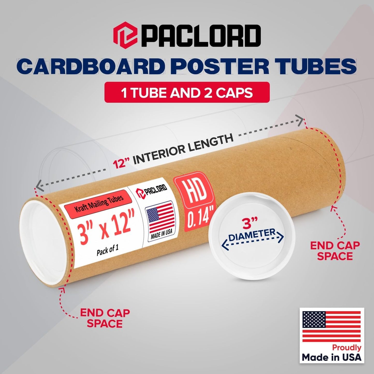 3" x 12" Heavy-Duty Reinforced Cardboard Mailing Tube, Pack of 1 Tube with 2 Caps – Secure USPS Approved – Great for Shipping and Storing of Prints, Artwork, Posters or Documents