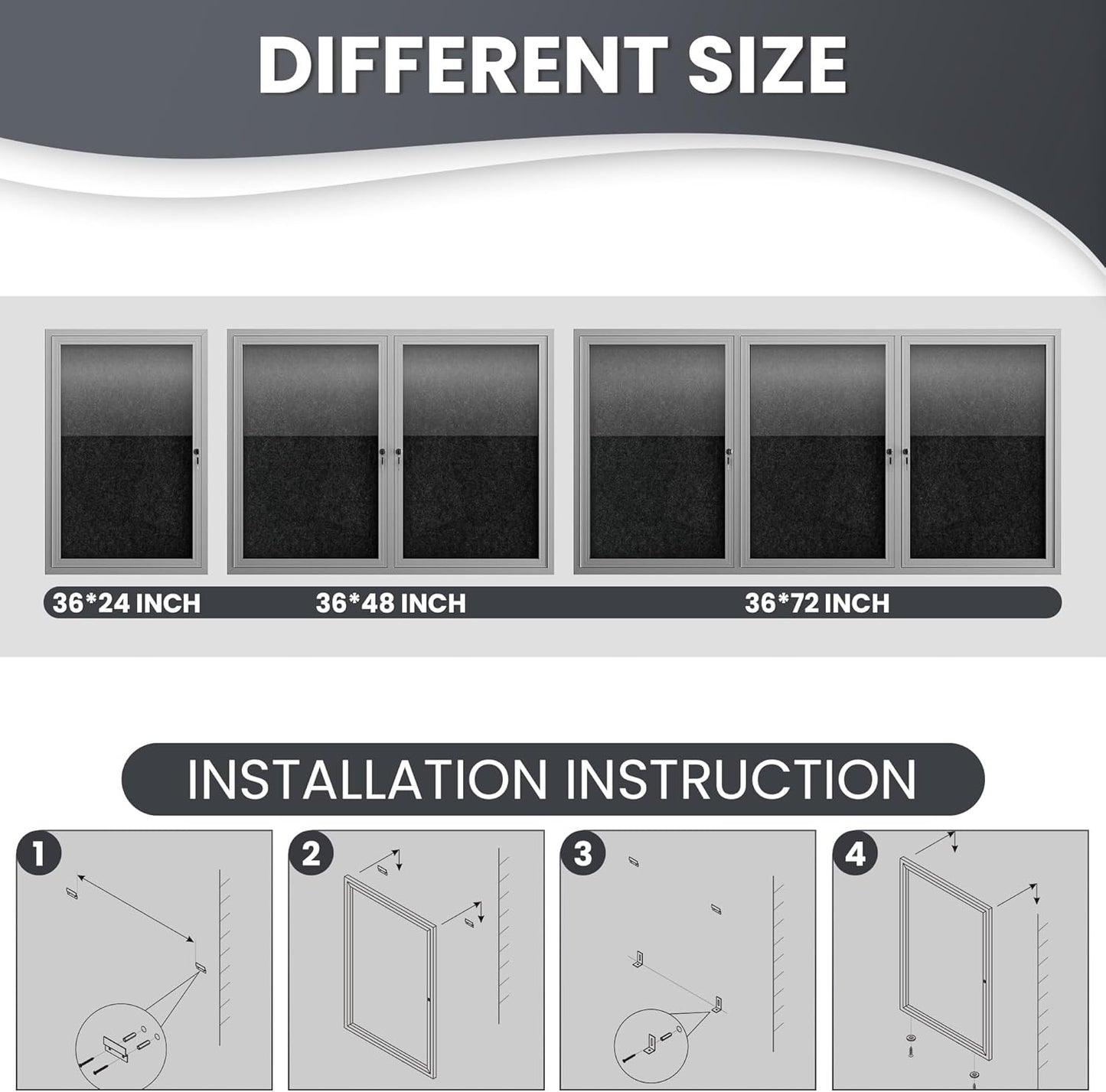 36"x24" Lockable Enclosed Bulletin Board, Outdoor Flet Weather-Resistant Aluminum Frame Notice Board, Wall Mounted Display Case Acrylic Doors for School,Office,Silver Frame w/Black Flet