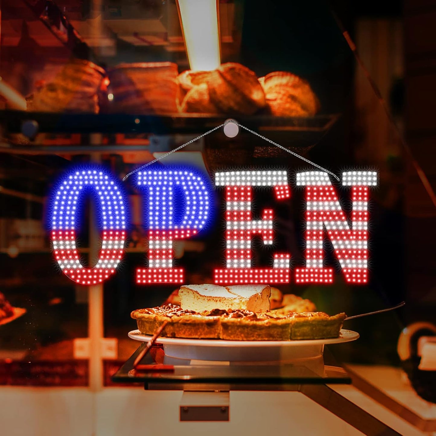 USA Flag 40"x14" Extra Large LED Open Signs for Business, Unique Design Super Bright Open Sign with Chain, High Visibility Open Sign for Store Bar Hotel Retail Shop Window