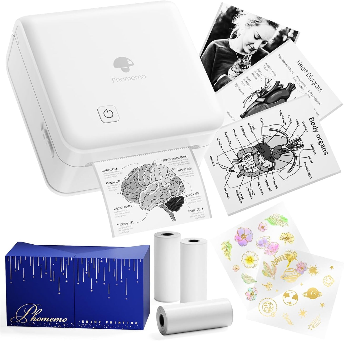 Phomemo Print Pods- Sticker Printer Mini Printer Thermal Sticker Maker Bluetooth Printer for Study Notes, Photos, List, Stickers, Gift, 3 Rolls Paper, White
