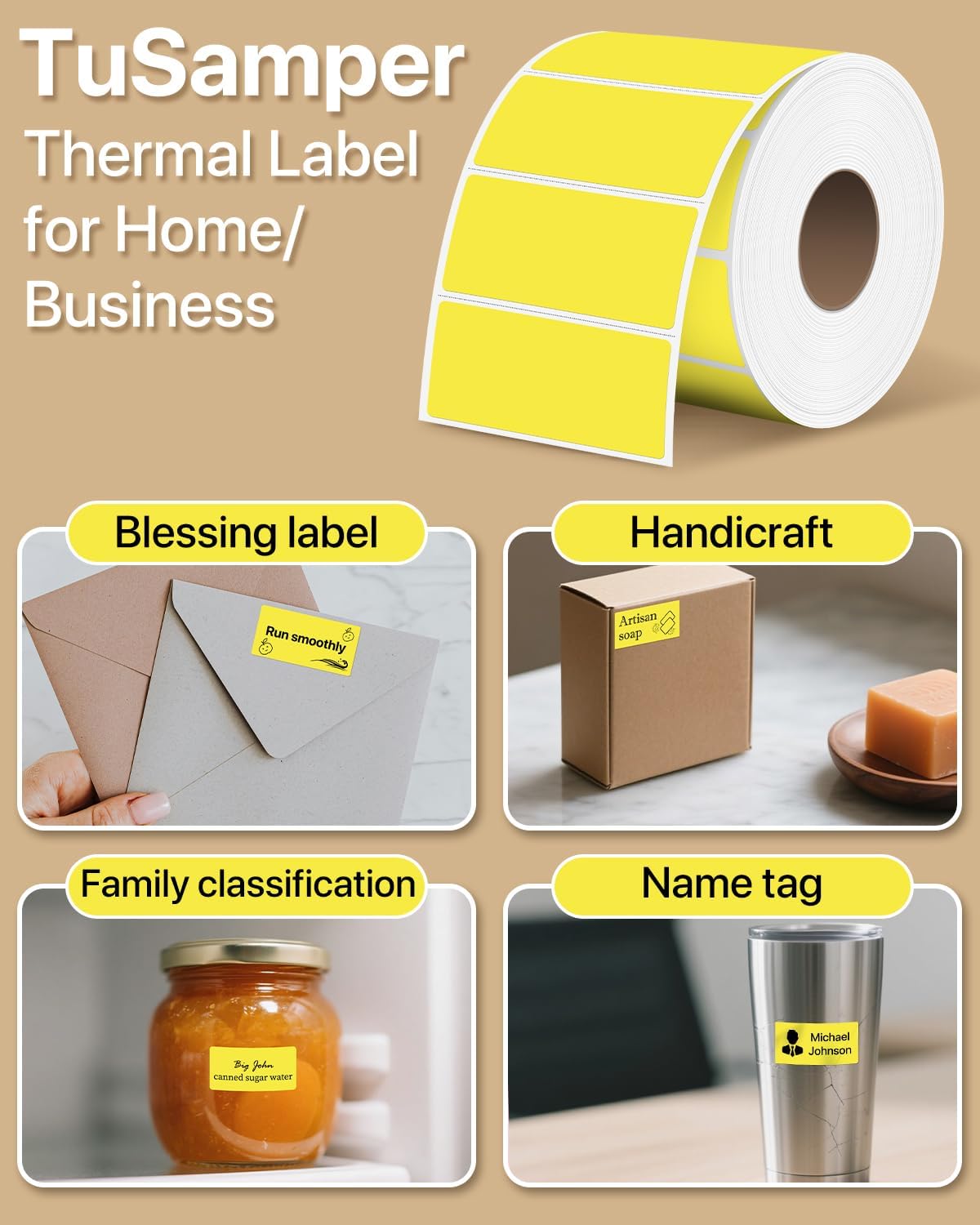 2×1 Inch Thermal Labels Sticker Self-Adhesive Label Paper Yellow Direct Thermal Printer Stickers with Perforation Line 1000 Sheets/Roll