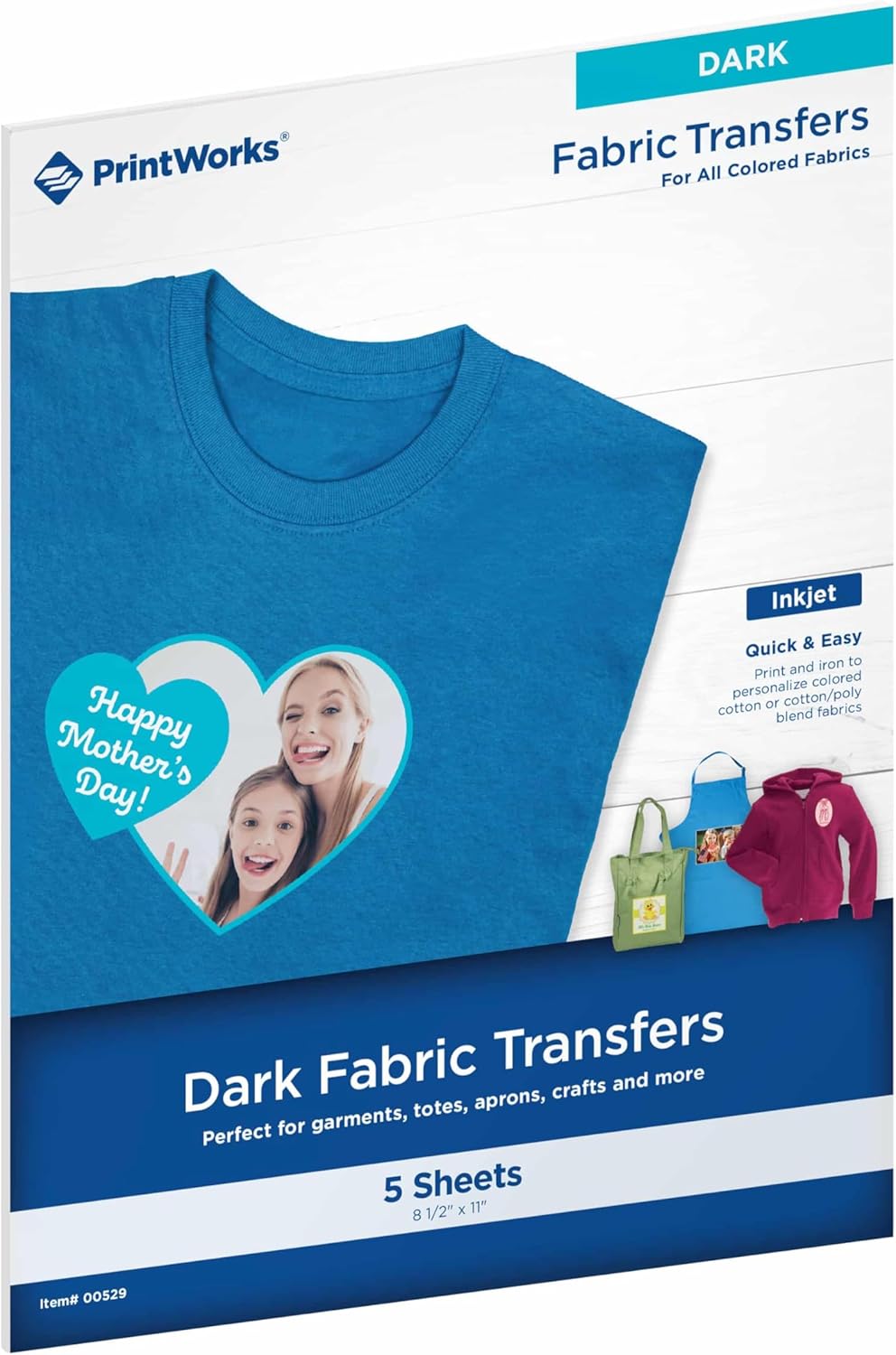 PrintWorks Printable Iron on Heat Transfer Paper for Dark Fabrics & T-Shirts, 8.5” x 11”, 5 Sheets, Easily DIY, Made in the USA