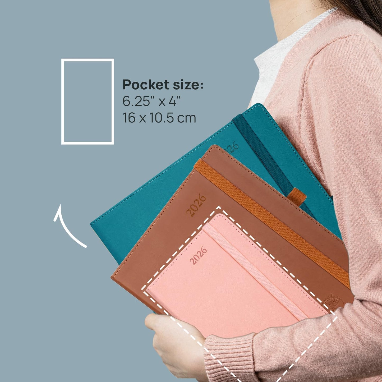 POPRUN Pocket Calendar 2026 (Small Size- 4'' x 6.25") Weekly and Monthly for Purse - Planner 2026 (Jan. 2026 - Dec. 2026) with Vegan Leather Soft Cover, Plastic Ruler, Pen Holder and More - Pacific Green