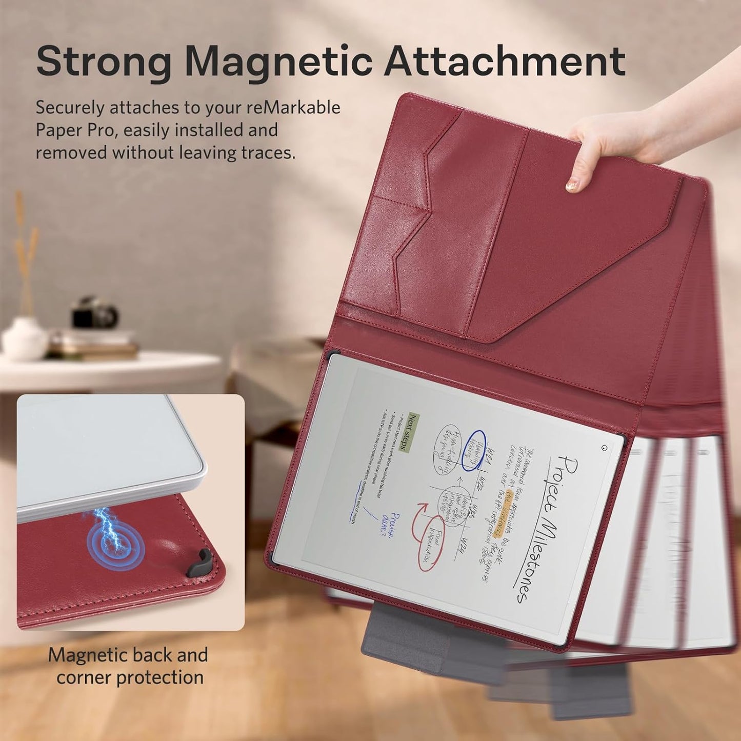 CoBak Premium PU Leather Case for Remarkable Paper Pro 11.8" (2024) – Slim Magnetic Back Cover with Auto Sleep/Wake, Folder Design, Magnetic Pen Holder Strap, Red Leather