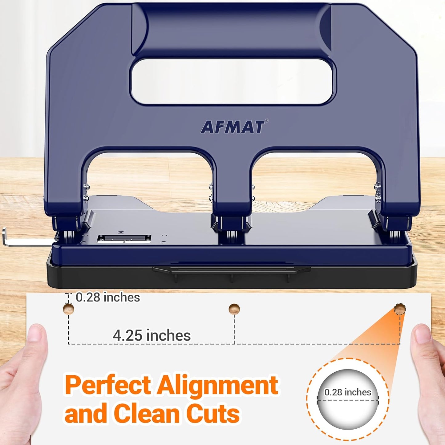 3 Hole Punch Heavy Duty, AFMAT 3 Hole Puncher for Binder, 40-Sheet Three Hole Punch w/ 10000+ Uses, Metal Hole Puncher 3 Ring, 50% Reduced Effort, Bulit-in S.S. Paper Guide, Model: HPX1 (Blue)