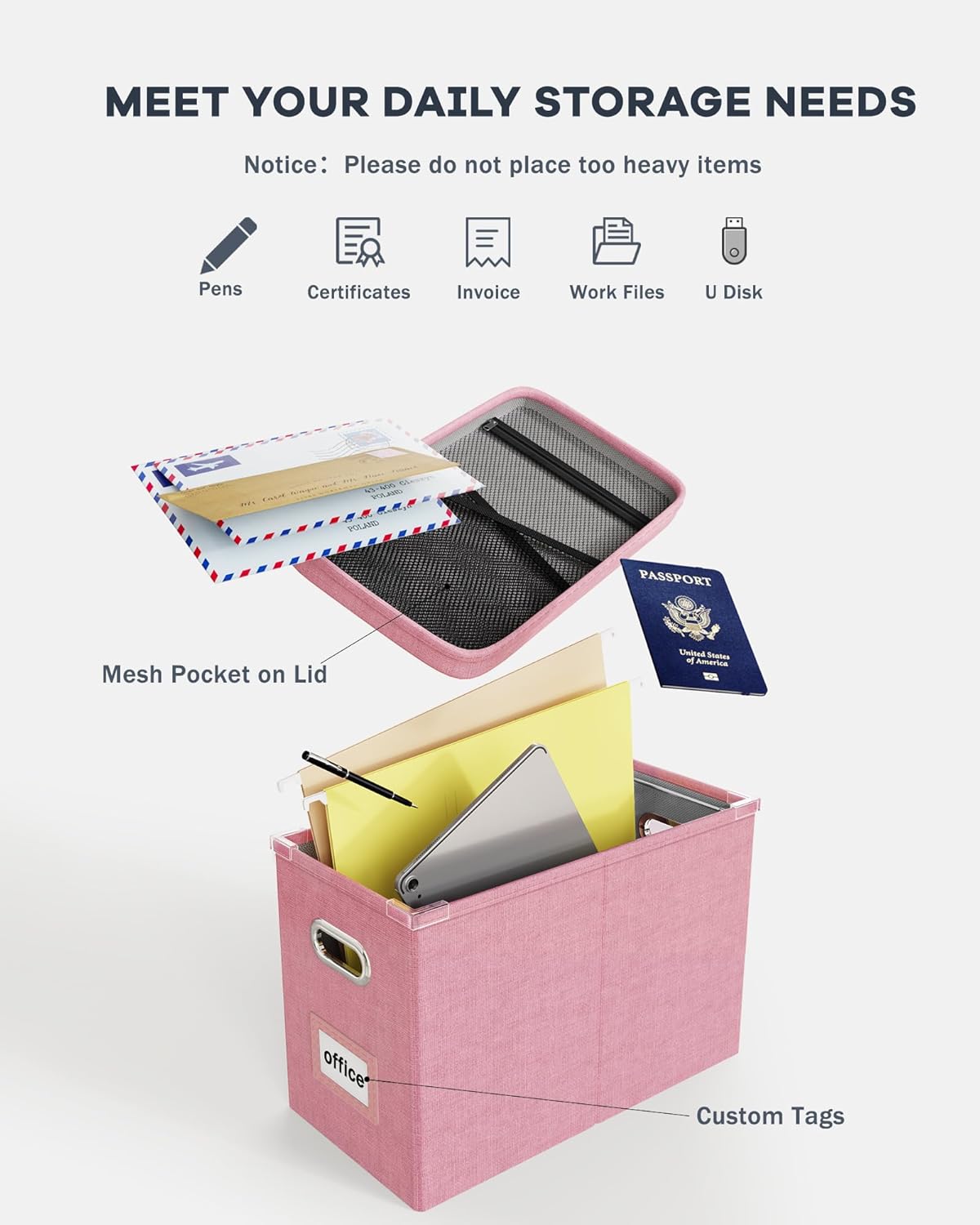 Oterri File Organizer Box with Lid, Hanging Filing File Box with Mesh Pocket, Document Organizer Box for Letter Files, Portable Storage Box with Smooth Sliding Rail for Office&Home (1 PCS, Pink)