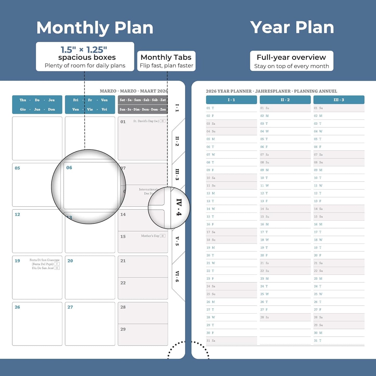 Daily Planner 2026 with One Page Per Day,(A5-8.5" x 5.9"),12 Months Calendar Hourly Appointment Book Monthly Tabs & Self-adhesive Pen Holder,Inner Pocket, Vegan Leather Hardback,Blue