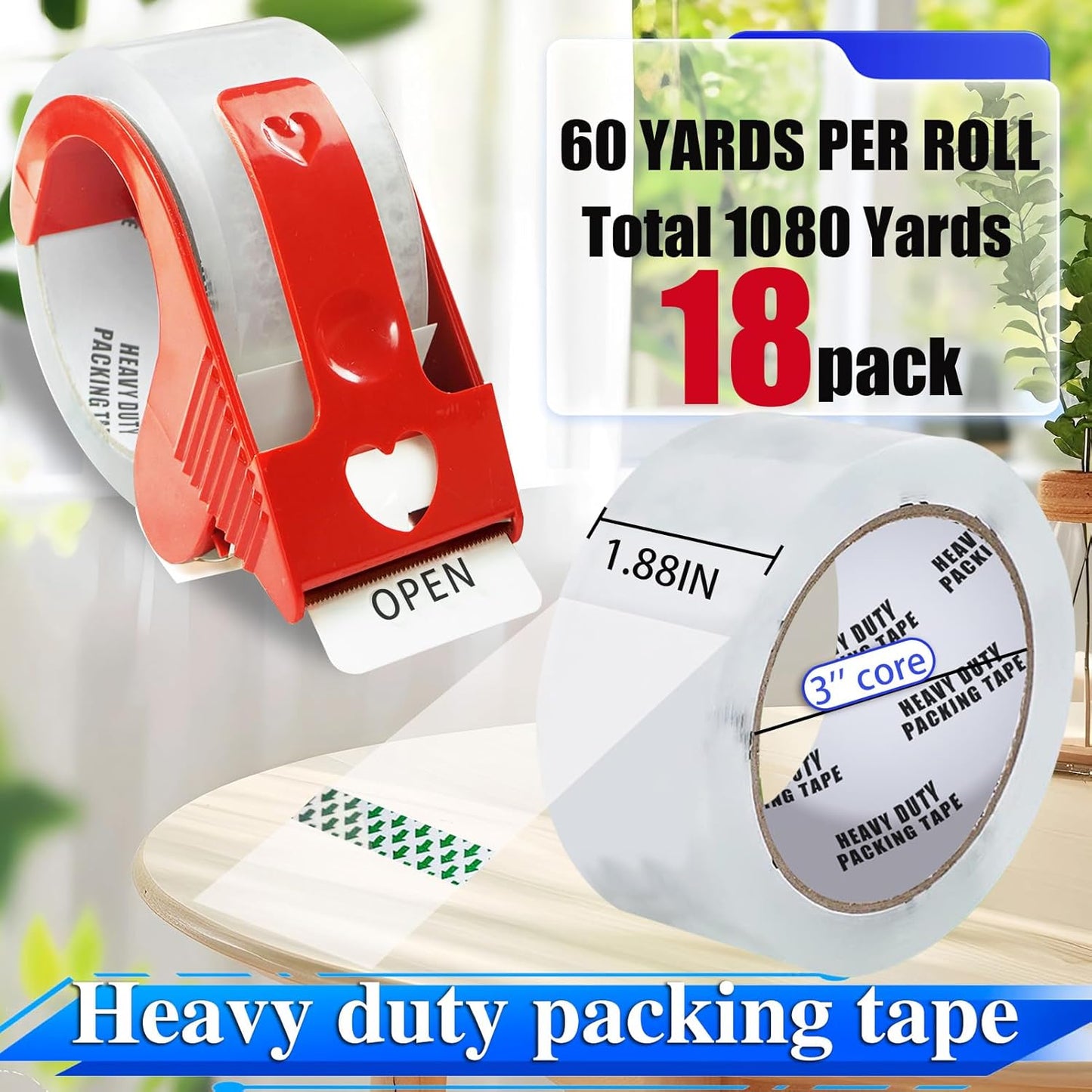 Clear Packing Tape, 18 Pack Heavy Duty Packing Tape with 3 Dispenser for Shipping Moving Storage and Mailing,1.88 inches Wide, 60 Yards Per Roll, Total 1080 Yards