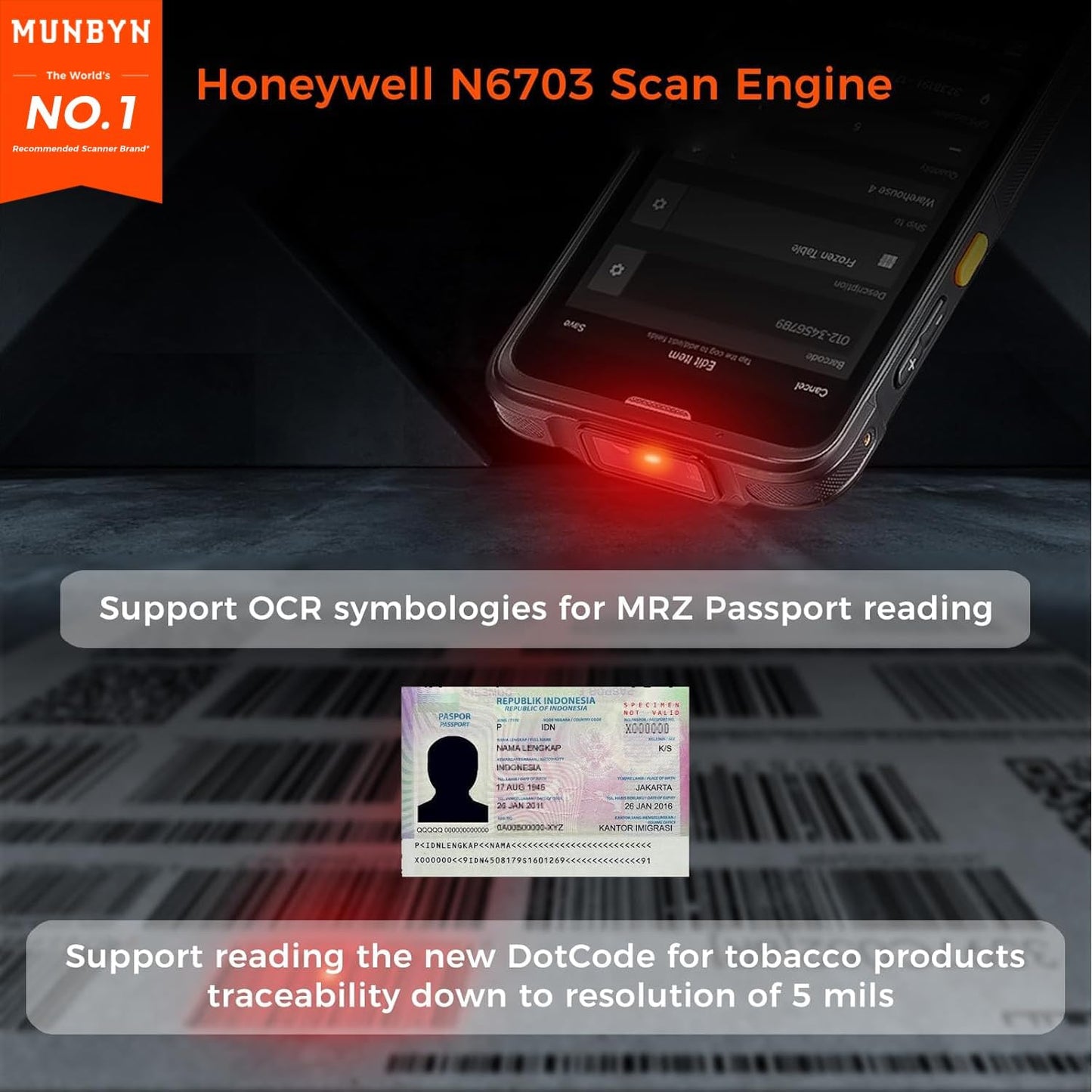 MUNBYN Upgraded Android 13 Barcode Scanner with OCR, ID Scanner, Drivers License and Passport Age Verification & Customer Management Equipped Honeywell N6703, 1D/2D Wireless Mobile Computer Handheld