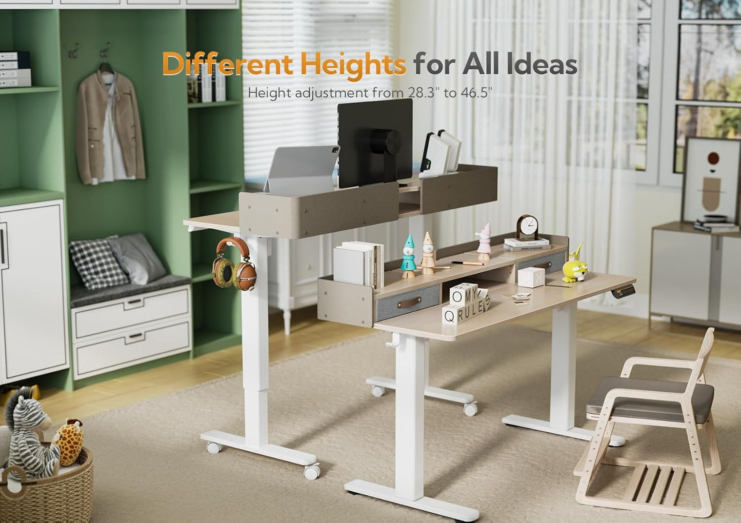 Claiks Standing Desk with Drawers, Stand Up Electric Standing Desk Adjustable Height, Sit Stand Desk with Storage Shelf and Splice Board, 48 Inch, Natural