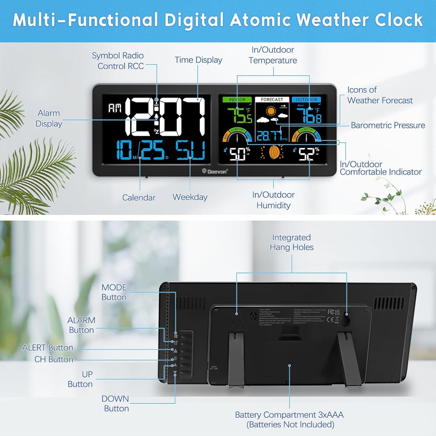 Geevon Weather Stations Wireless Indoor Outdoor Thermometer with Atomic Clock, HD Color Display Digital Temperature Humidity Gauge with Brometer, Comfort Indicator, and Adjustable Backlight