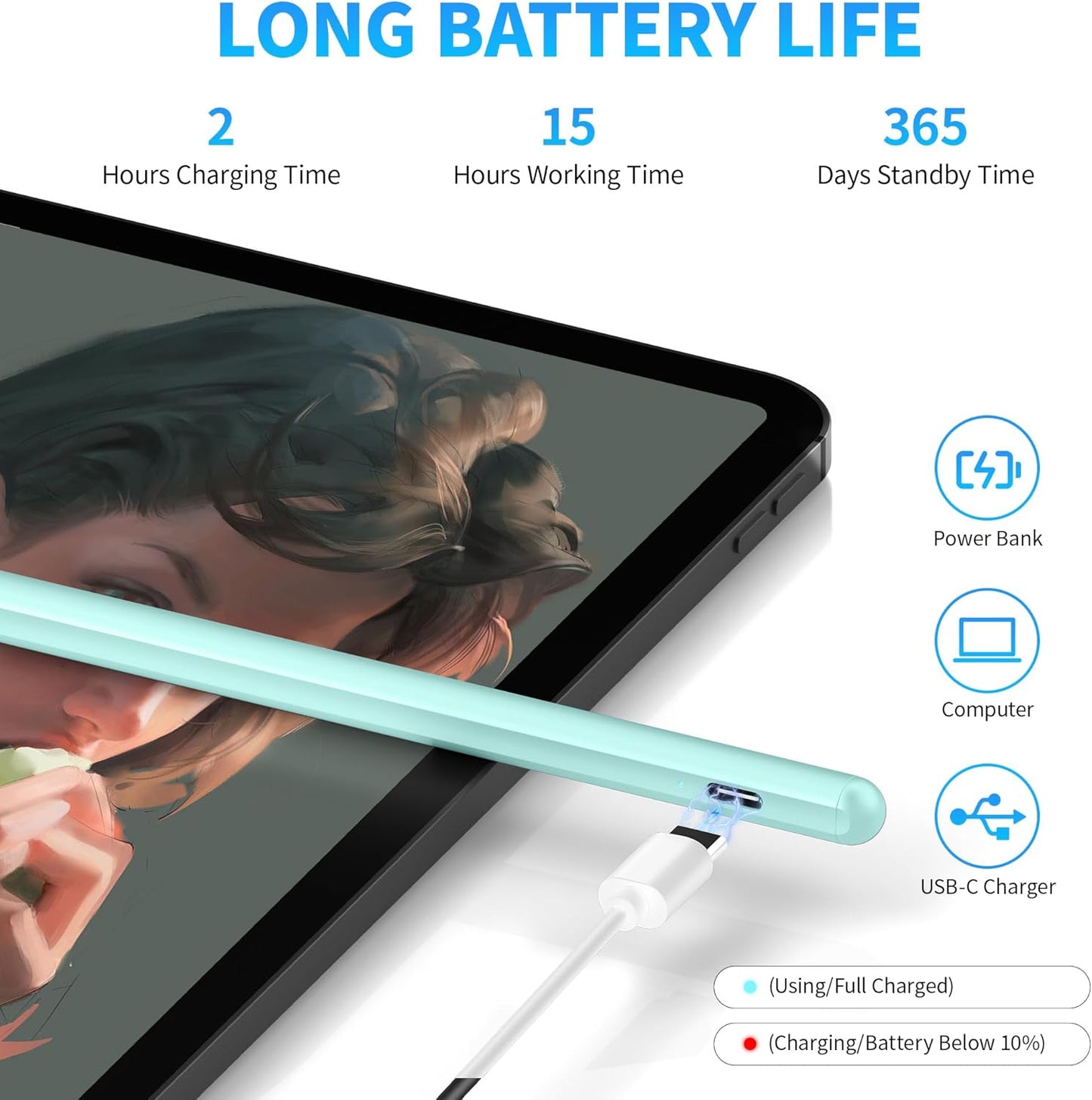 Stylus Pens for Touch Screen, DRYMOKINI Stylist Pen Compatible for Android and iOS Tablet/Phones, Rechargeable Universal Stylus Pencil Compatible for A-pple/i-Pad/Phone Tablet, Light Blue