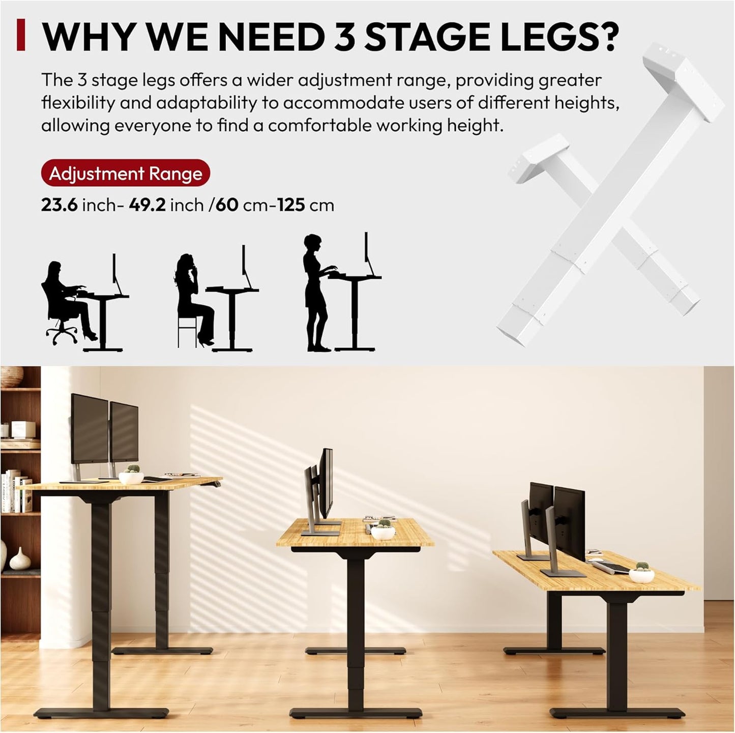 SANODESK 55 Inch 3 Stage Bamboo Electric Standing Desk, Dual Motor Height Adjustable Desk, Whole-Piece Desktop Sit to Stand Home Office Desk (Black Frame/ 55” x 28” Natural Bamboo Top)