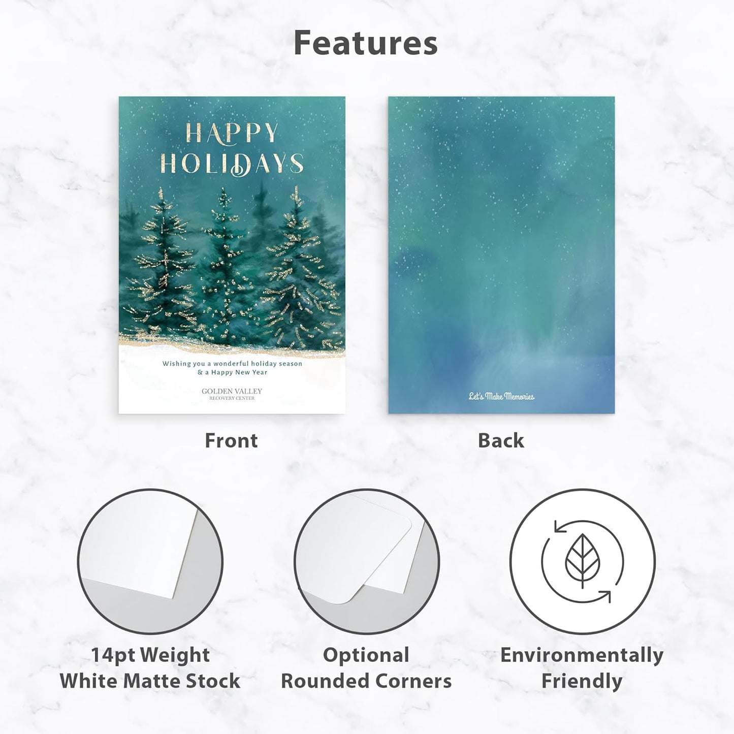 Let's Make Memories Personalized Business Christmas Cards with Envelopes - Premium Quality - 5x7-2025 Holiday Cards & White Envelopes - Gilded Trees - 150 ct