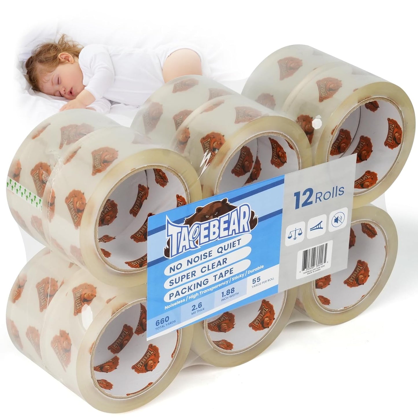 No Noise Packing Tape, Upgraded High Transparency 2.6mil x 1.88" x 55 Yards Quiet Packaging Tape Refill Rolls, Heavy Duty Shipping Tape for Sealing, Storage, Moving, 12 Rolls, Total 660Yards